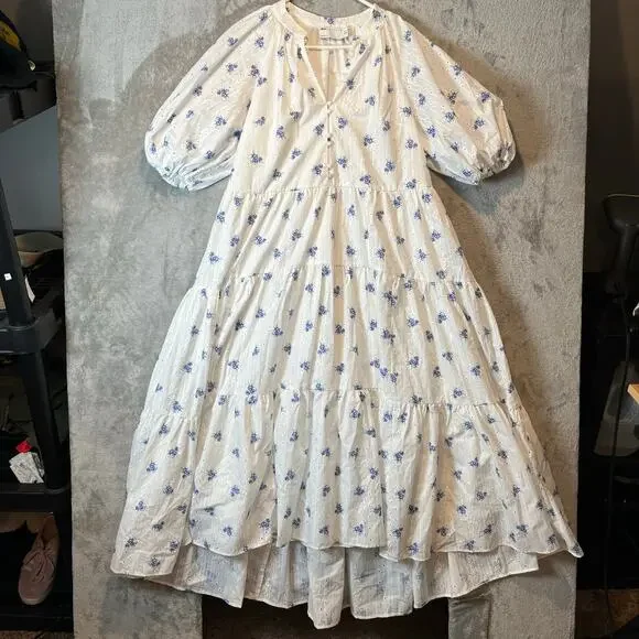 ASOS EDITION Puff Sleeve Midi Dress Ditsy Floral Embroidered White Blue‎ Size 8